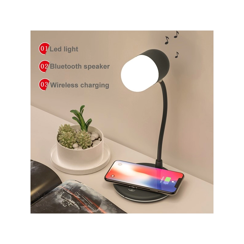 Lampara LED 3 en 1, con Parlante BT y Cargador Inalambrico, 12 x 32 cmts