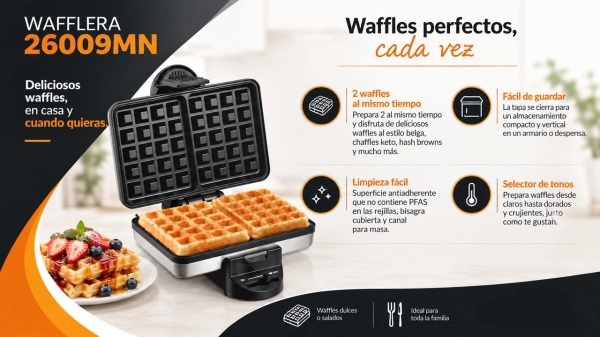 Wafflera estilo belga, dulces o salados