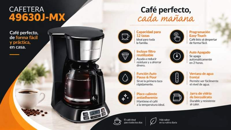 Cafetera para 12 Tazas, con filtro reutilizable