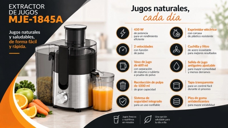 Extractor de Jugos Naturales, capacidad 600 ml, 450W, 2 velocidades