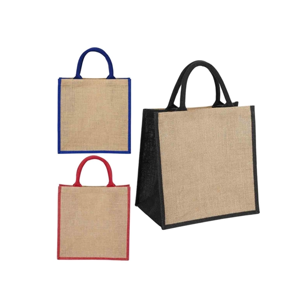 Bolso Tahiti, en Yute, con manijas y ribete en lona, 38 x 35 x 12 cmts