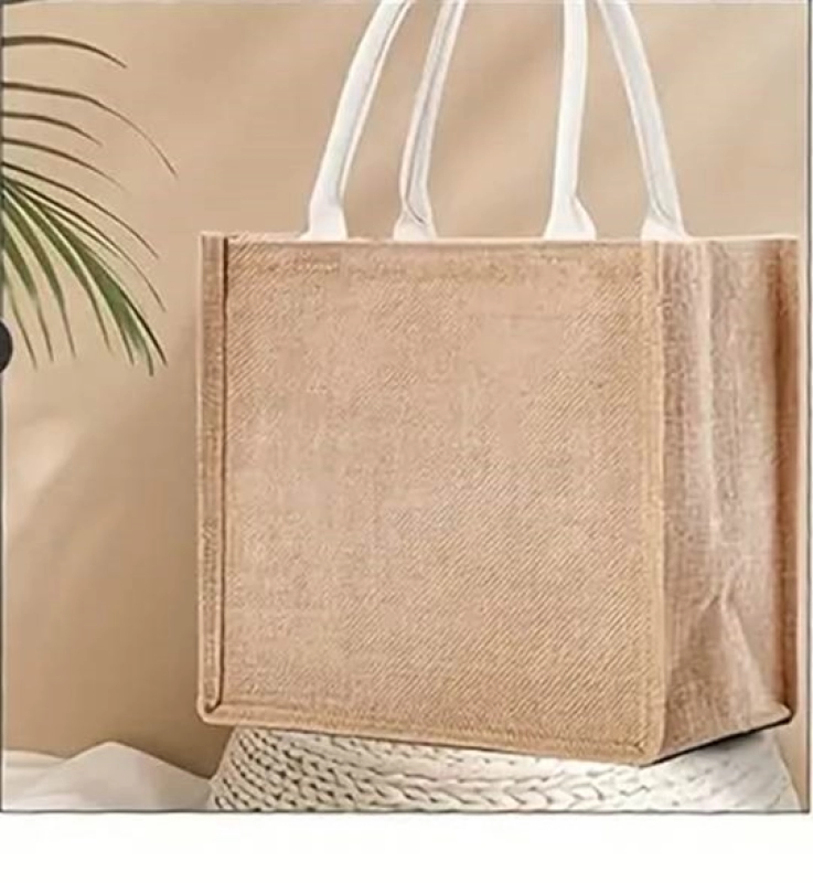 Bolso Amalfi, en Yute, manijas en cuerina, forro interno, de 38 x 36 x 12 cmts