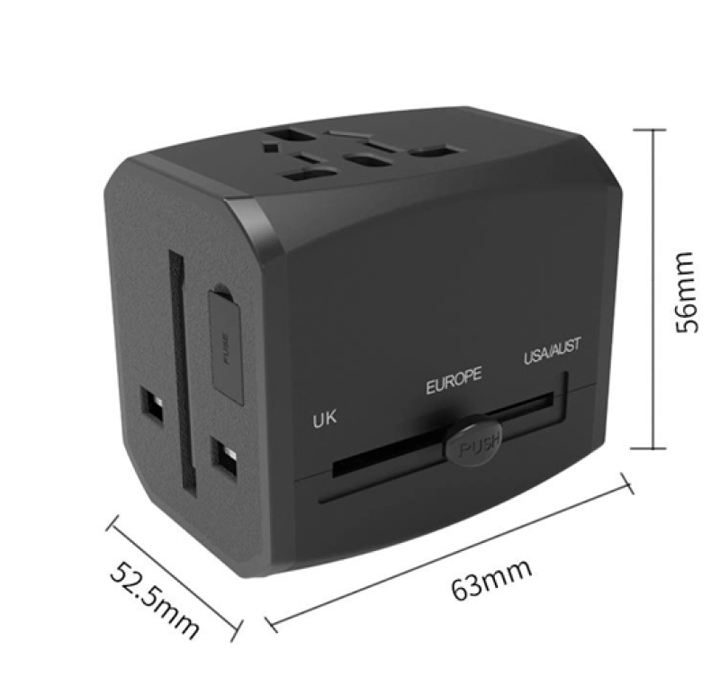 Adaptador para Viajes con multiples Conectores, 6.3 x 5.6 x 5.25 cmts