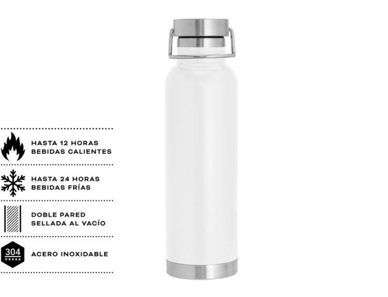 Botella en Acero, 650 ml, tamaño 7.3 x 26 cmts, con aislamiento termico