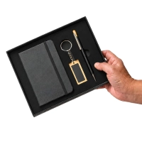 Set Ejecutivo 3 articulos, Boligrafo, Libreta y Llavero, caja 21.8x17.8x2.4 cm