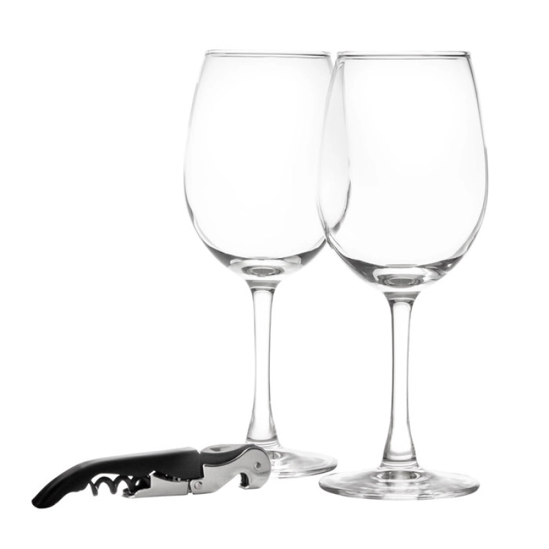 Set de 2 Copas de Vino y Sacacorchos, en caja de regalo 7.4x 20 cmts