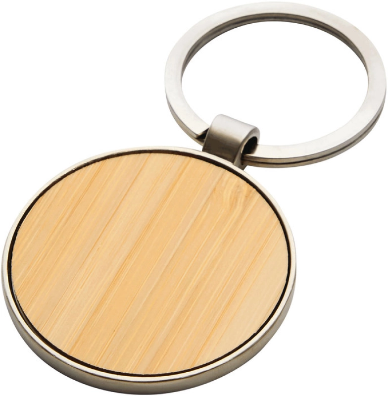 Llavero Redondo metalico frente barnizado color bambu, en caja