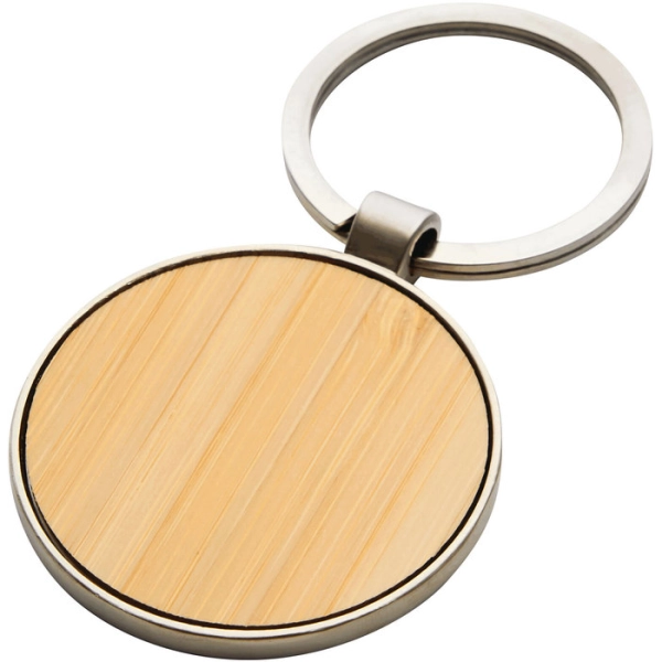 Llavero Redondo metalico frente barnizado color bambu, en caja