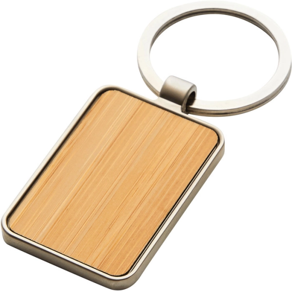 Llavero Rectangular metalico frente barnizado color bambu, en caja