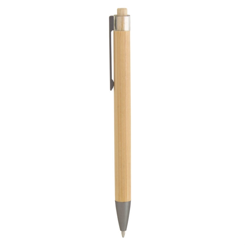 Boligrafo Retractil en Bambu, con clip metalico y puntera plastica, 14.1 cm