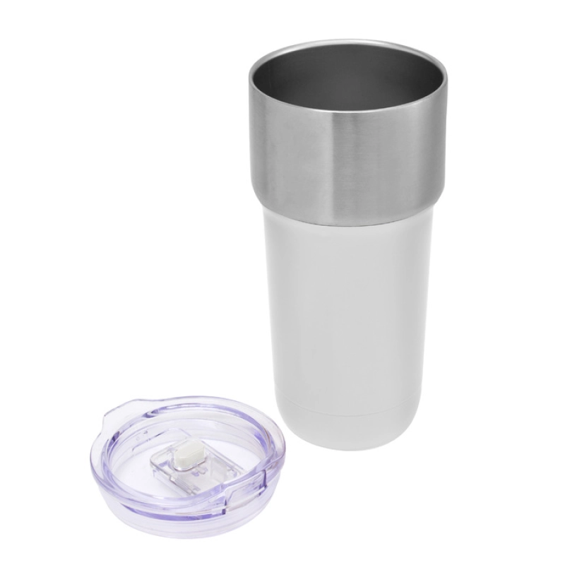 Mug Metalico doble pared con tapa, de 600 ml, tamaño 8.8 x 18.8 cmts