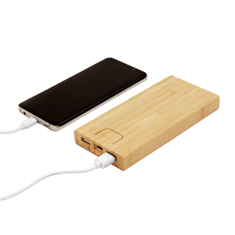 Power Bank en Bambu de 10.000 mAh, tamaño 14.7 x 7 x 1.6 cmts