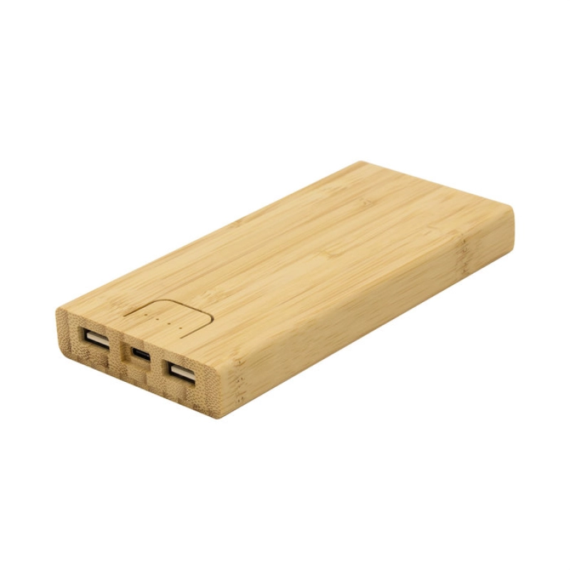 Power Bank en Bambu de 10.000 mAh, tamaño 14.7 x 7 x 1.6 cmts