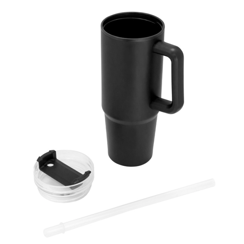 Mug de 880 ml doble pared c/ pitillo, en polipropileno y acero, 8.8 x 24 cm