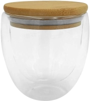 Taza de 250 ml, en vidrio doble pared con tapa en madera, de 9.5 x 9 cmts