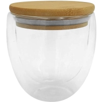 Taza de 250 ml, en vidrio doble pared con tapa en madera, de 9.5 x 9 cmts