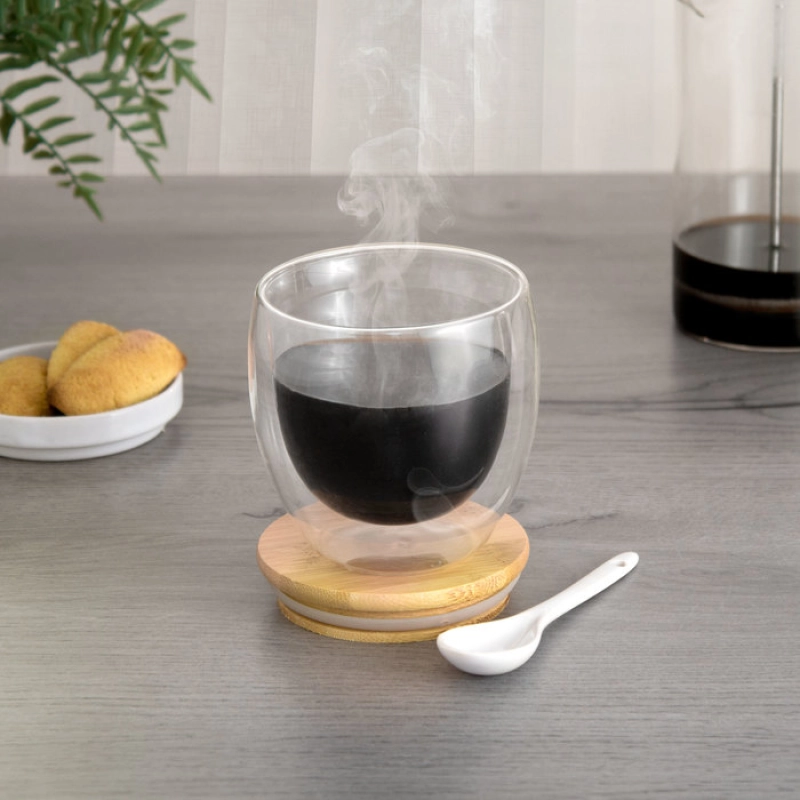 Taza de 250 ml, en vidrio doble pared con tapa en madera, de 9.5 x 9 cmts