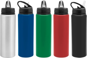 Botella de 800 ml en aluminio, con manija y pitillo, tamaño 7 x 25 cmts