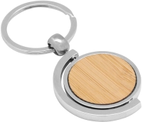 Llavero Circular Giratorio en Bambu y Metal, tamaño 7.5 x 3.5 x 0.4 cmts