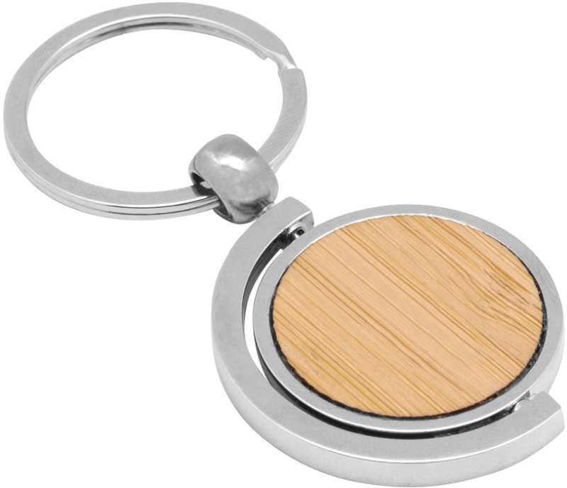 Llavero Circular Giratorio en Bambu y Metal, tamaño 7.5 x 3.5 x 0.4 cmts