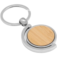 Llavero Circular Giratorio en Bambu y Metal, tamaño 7.5 x 3.5 x 0.4 cmts