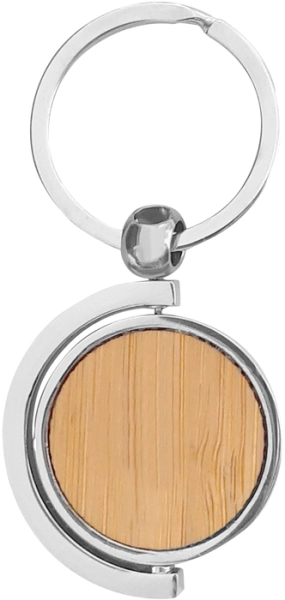 Llavero Circular Giratorio en Bambu y Metal, tamaño 7.5 x 3.5 x 0.4 cmts