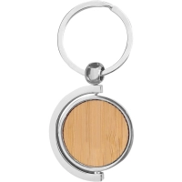 Llavero Circular Giratorio en Bambu y Metal, tamaño 7.5 x 3.5 x 0.4 cmts