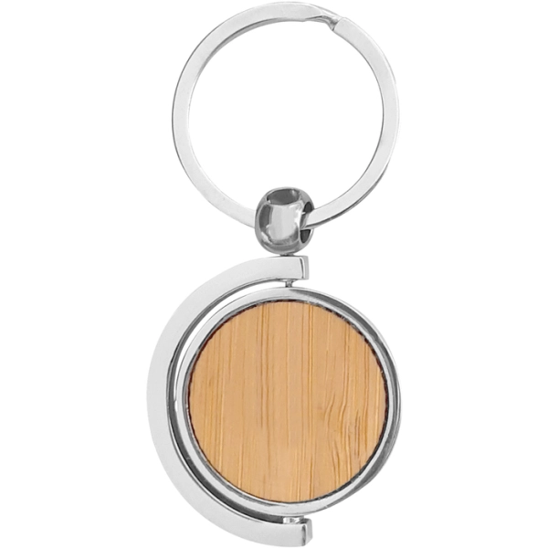 Llavero Circular Giratorio en Bambu y Metal, tamaño 7.5 x 3.5 x 0.4 cmts