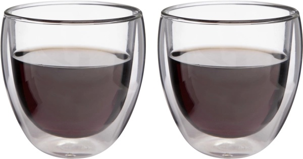 Set de 2 Vasos de Vidrio doble pared, de 220 ml, 8 x8  cmts, en caja
