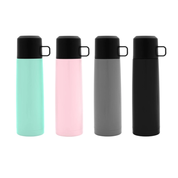 Termo doble pared de 500 ml en acero, tapa y taza plastica, 7 x 24 cmts
