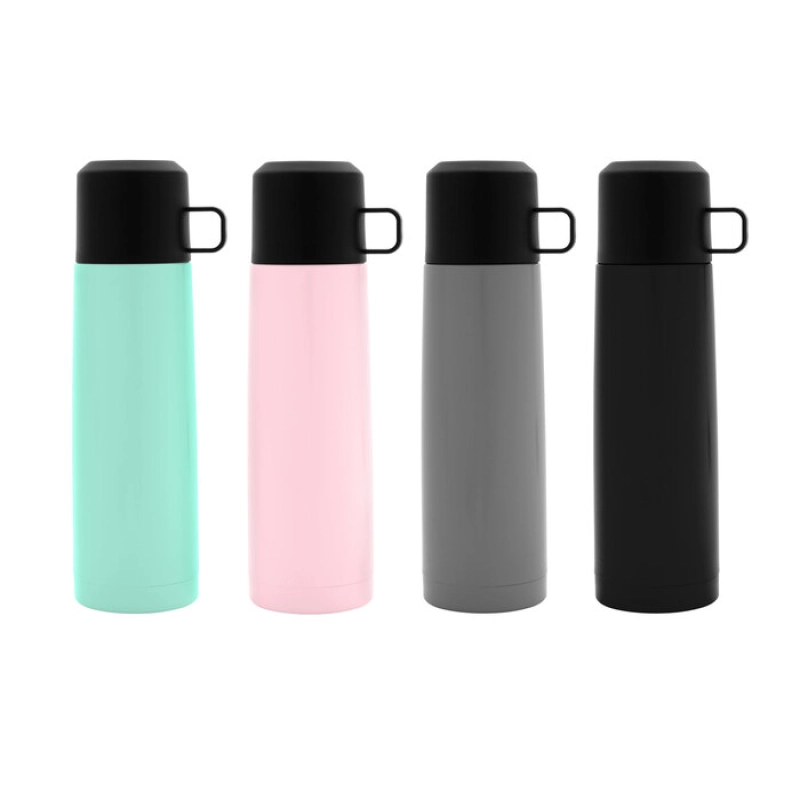 Termo doble pared de 500 ml en acero, tapa y taza plastica, 7 x 24 cmts