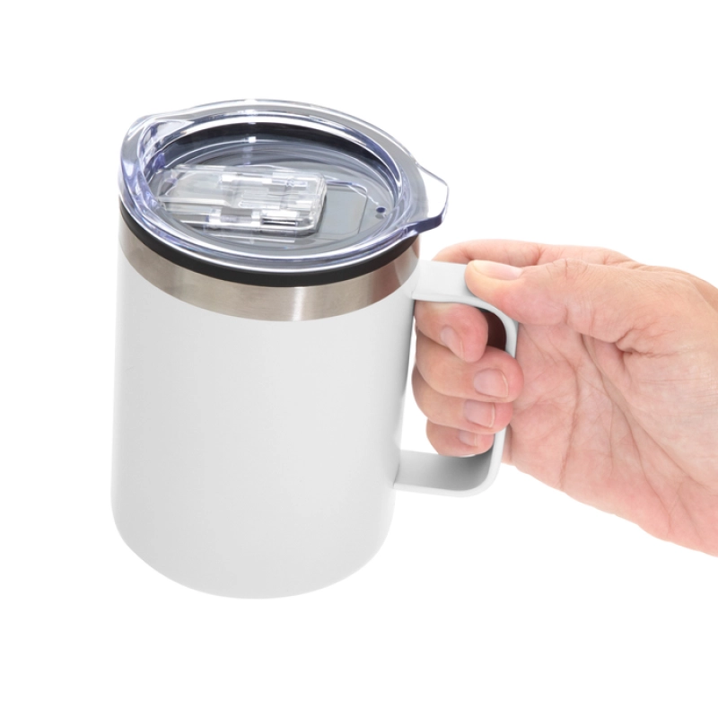 Mug Doble Pared de 450 ml con tapa, en PP y Acero, de 8.8 x 12.5 cmts