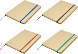 Libreta en Carton con 80 hojas y cinta de color, tamaño 21 x 14 cmts