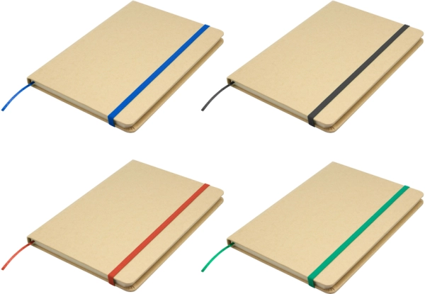 Libreta en Carton con 80 hojas y cinta de color, tamaño 21 x 14 cmts