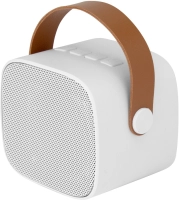 Parlante BT stereo, con radio FM, manija en cuerina, 8.5 x 6.5 x 7.3 cmts