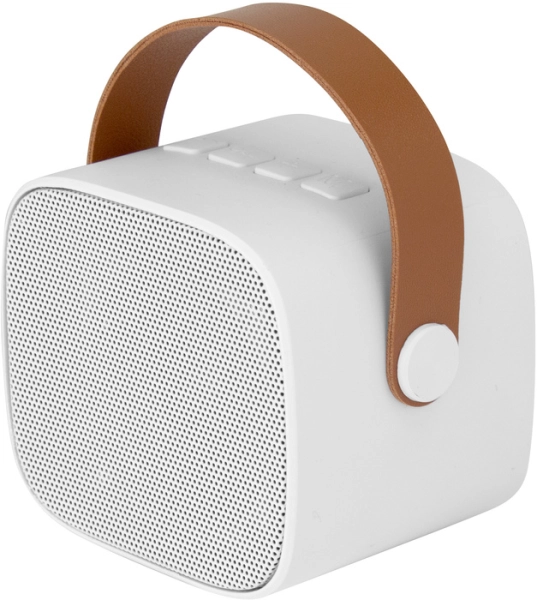Parlante BT stereo, con radio FM, manija en cuerina, 8.5 x 6.5 x 7.3 cmts