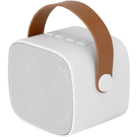 Parlante BT stereo, con radio FM, manija en cuerina, 8.5 x 6.5 x 7.3 cmts
