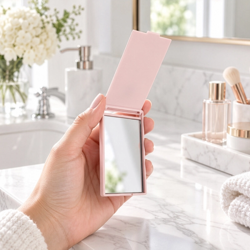 Espejo Rectangular plegable, en PE y vidrio, de 8.5 x 5.4 x 0.5 cmts