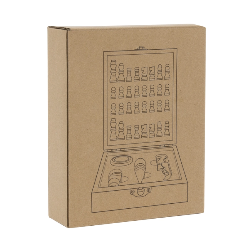 Set de Vino de 4 piezas con Ajedrez, en caja de madera 17 x 14 x 4.5 cm