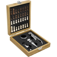 Set de Vino de 4 piezas con Ajedrez, en caja de madera 17 x 14 x 4.5 cm