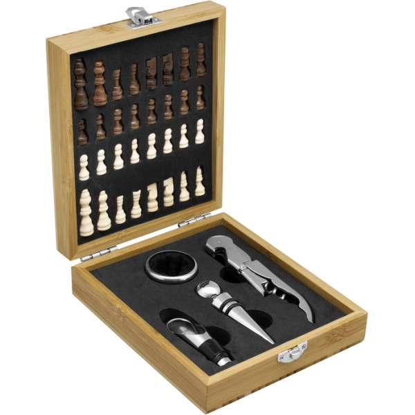 Set de Vino de 4 piezas con Ajedrez, en caja de madera 17 x 14 x 4.5 cm