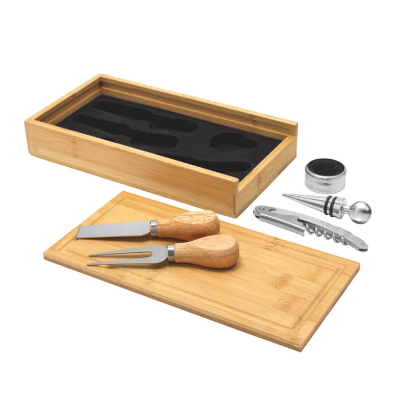 Set de Vino y Tabla para Quesos en madera, tamaño 24.5 x 13 x 3.3 cmts