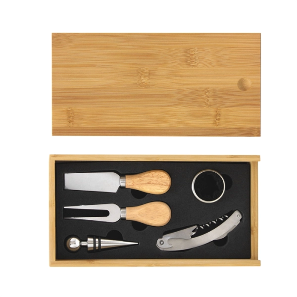 Set de Vino y Tabla para Quesos en madera, tamaño 24.5 x 13 x 3.3 cmts