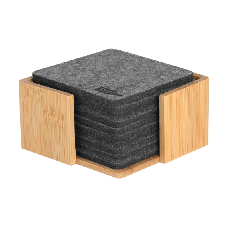 Set de 10 portavasos en plastico reciclado, en caja de bambu