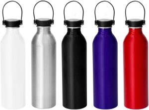 Botella de aluminio de 640 ml, acabado brillante, tapa rosca, 23 x 6.5 cmts