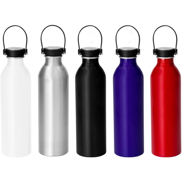 Botella de aluminio de 640 ml, acabado brillante, tapa rosca, 23 x 6.5 cmts