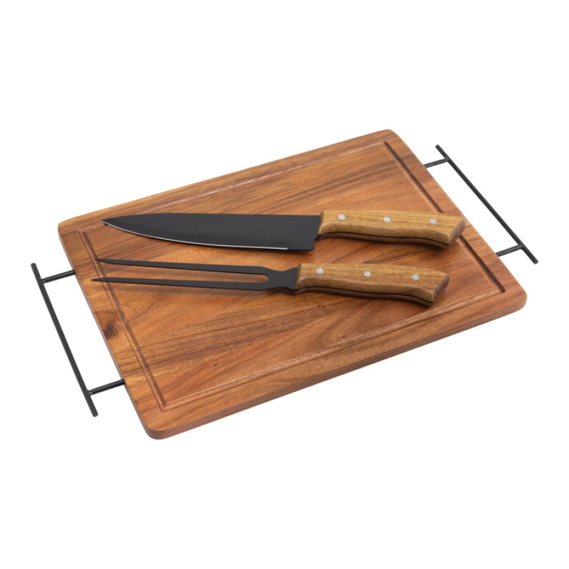 Set BBQ en madera y acero inox, tabla de 43x26x1.2 cmts, y 2 utensilios