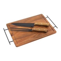 Set BBQ en madera y acero inox, tabla de 43x26x1.2 cmts, y 2 utensilios