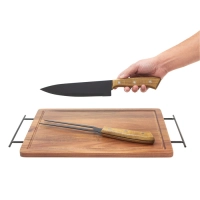 Set BBQ en madera y acero inox, tabla de 43x26x1.2 cmts, y 2 utensilios