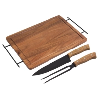 Set BBQ en madera y acero inox, tabla de 43x26x1.2 cmts, y 2 utensilios